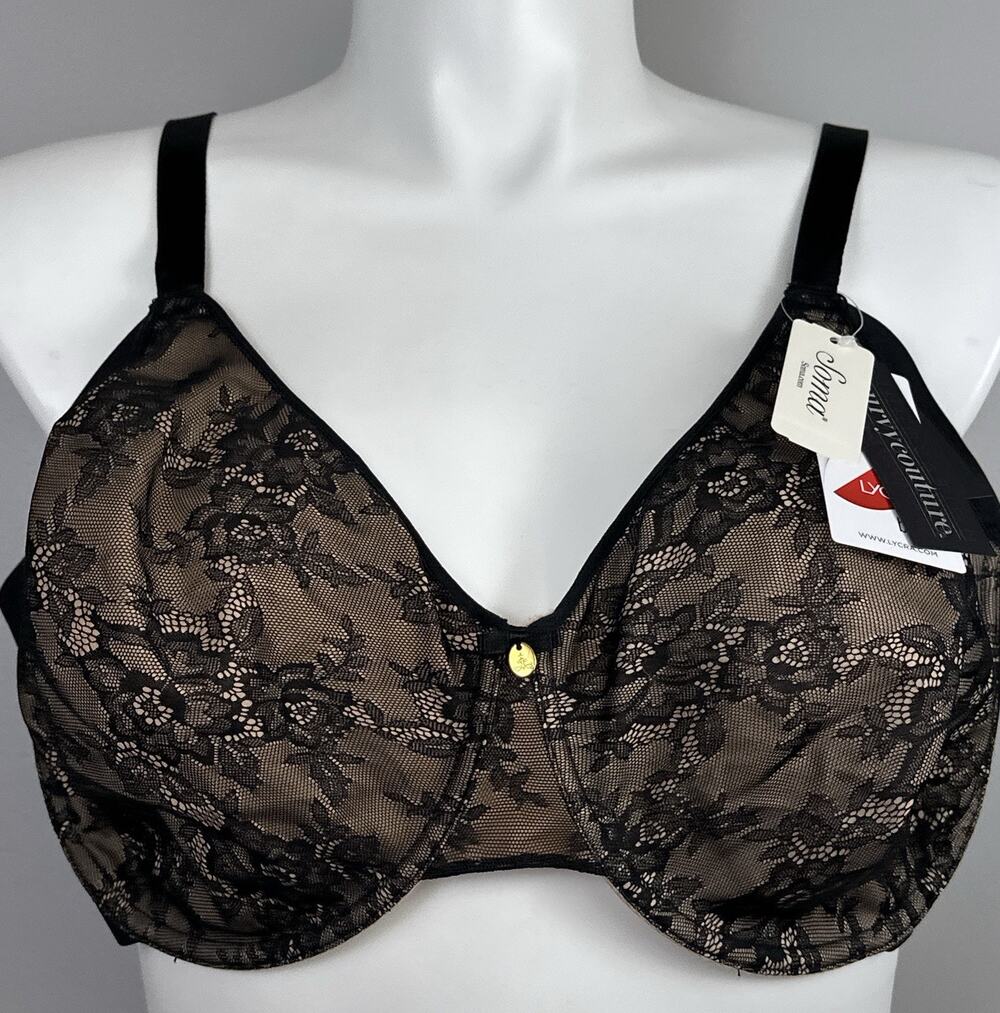 Soma Curvy Couture Bra 46DD Allover Lace French Unlined Full Coverage New Black
